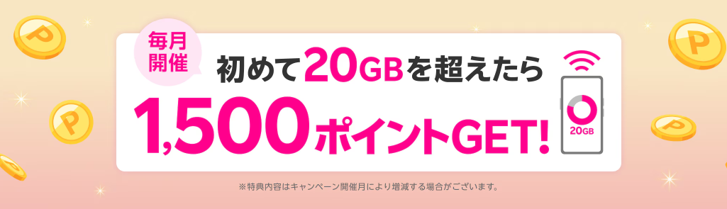 楽天モバイル20GBを超えるデータ利用で1,500ポイント
